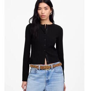 Madewell Flared-Sleeve Cardigan WMNS S Black Button Up Crew Neck Ribbed Stretch